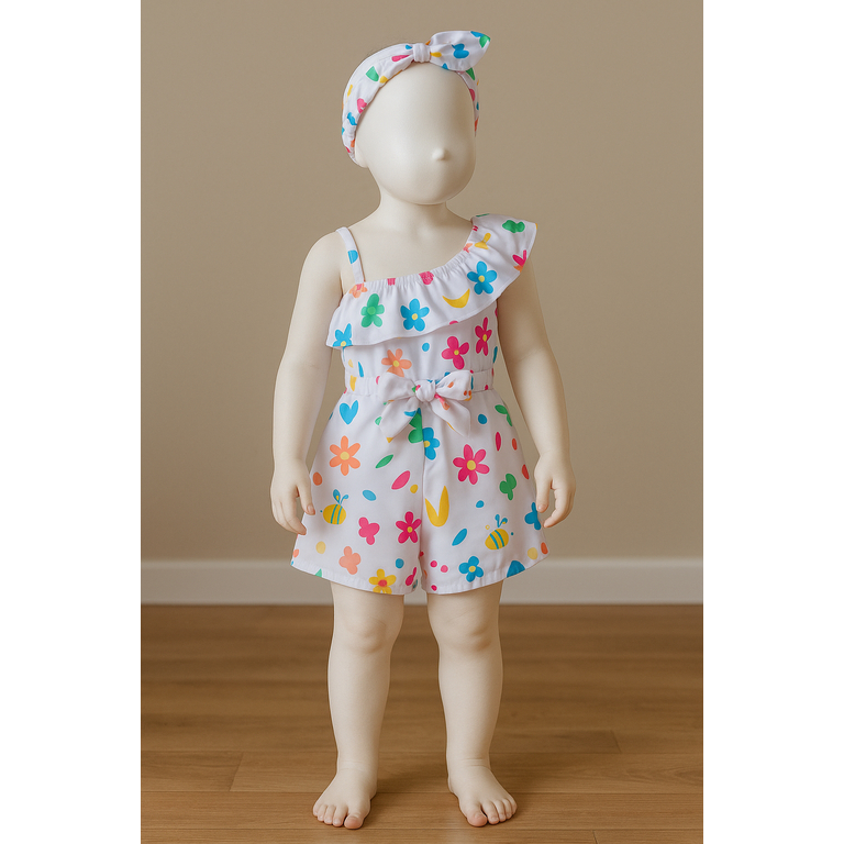 Macaquinho feminino Infantil, para meninas, floral estampado, macaquinho com babado lateral, acompanha tiara,.