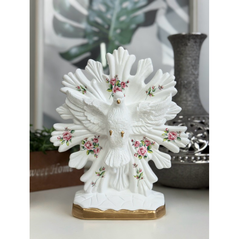 divino Espírito Santo 25cm mini flor rosa dourado branco de mesa gesso