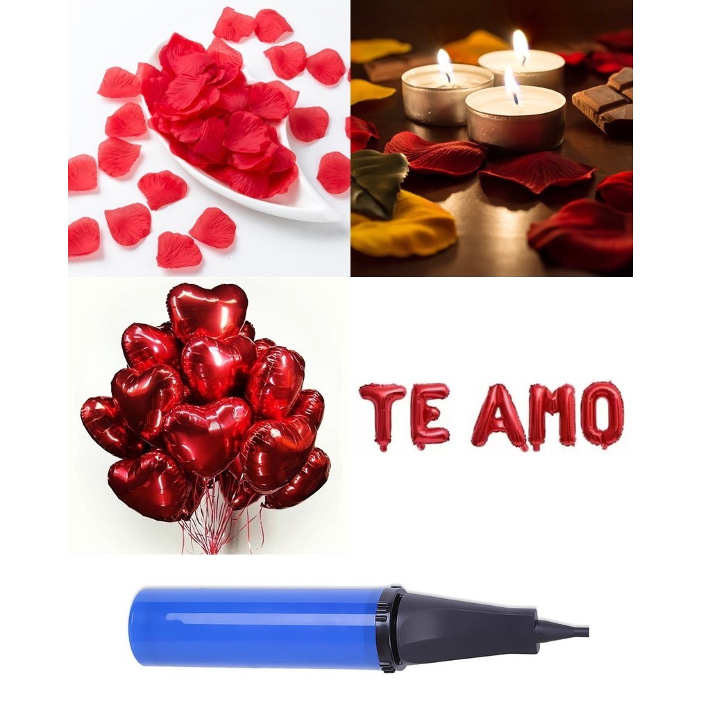 Kit Romantico - 200 Pétalas Artificiais + 12 Balão Coração + 12 Velas + Balão Te amo + Fitilho + Gota Cola + Bomba