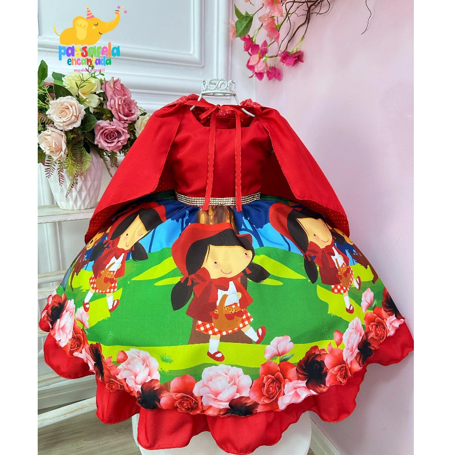 Vestido Infantil Chapeuzinho Vermelho Floral com Capuz 1 ao 10