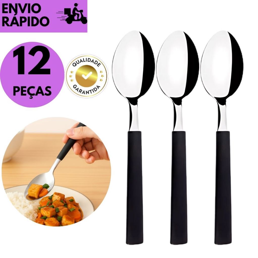 kit com 12 Colher de Inox p/ Refeição Cabo Preto Resistente Mesa Cozinha Jantar Talher Durável
