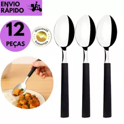 kit com 12 Colher de Inox p/ Refeição Cabo Preto Resistente Mesa Cozinha Jantar Talher Durável