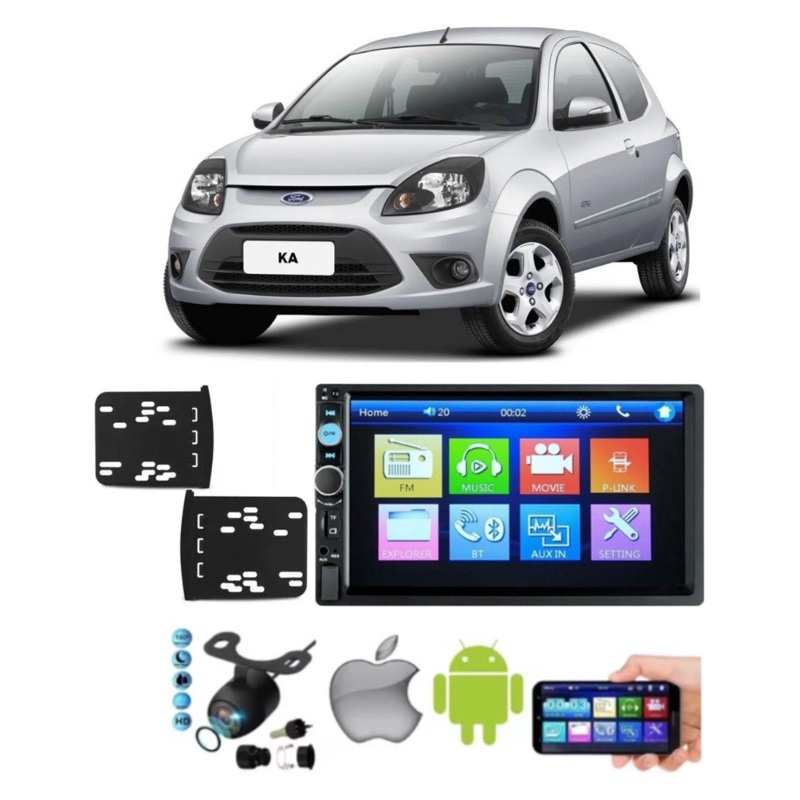 Kit Central Multimídia Ford Ka 2din Espehamento Bluetooth USB Sd + moldura + câmera de ré