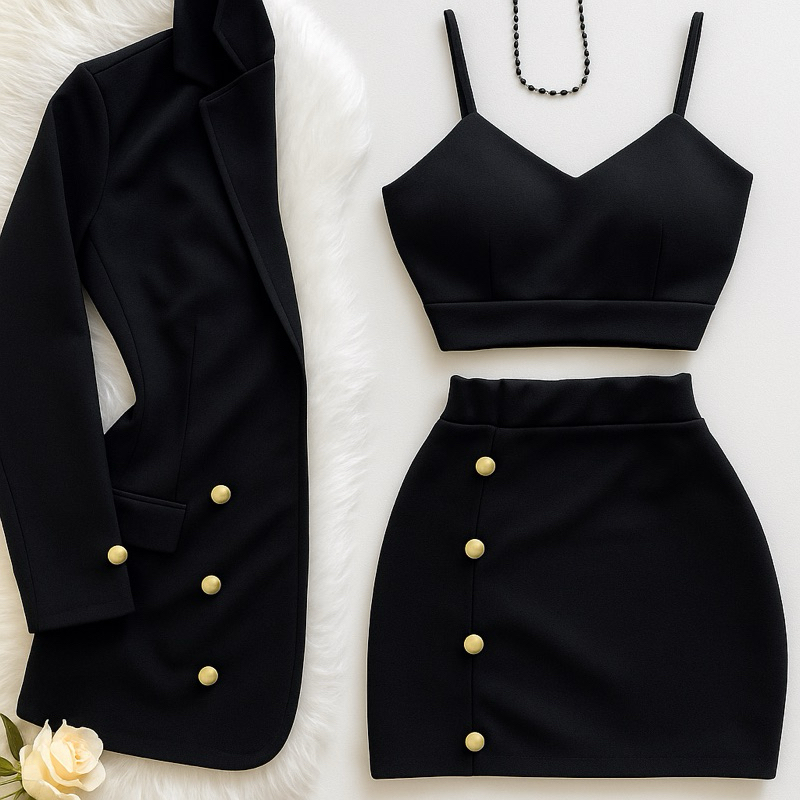 Conjunto Feminino  Kit 3 Peças Blazer Manga longa Short Saia e Cropped, Moda Inverno Casac...