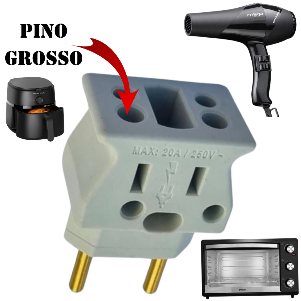 Imagem Adaptador Resistente Forno Eletrico Secador De Cabelo Air Fryer Microondas Pino Grosso 20A 10A