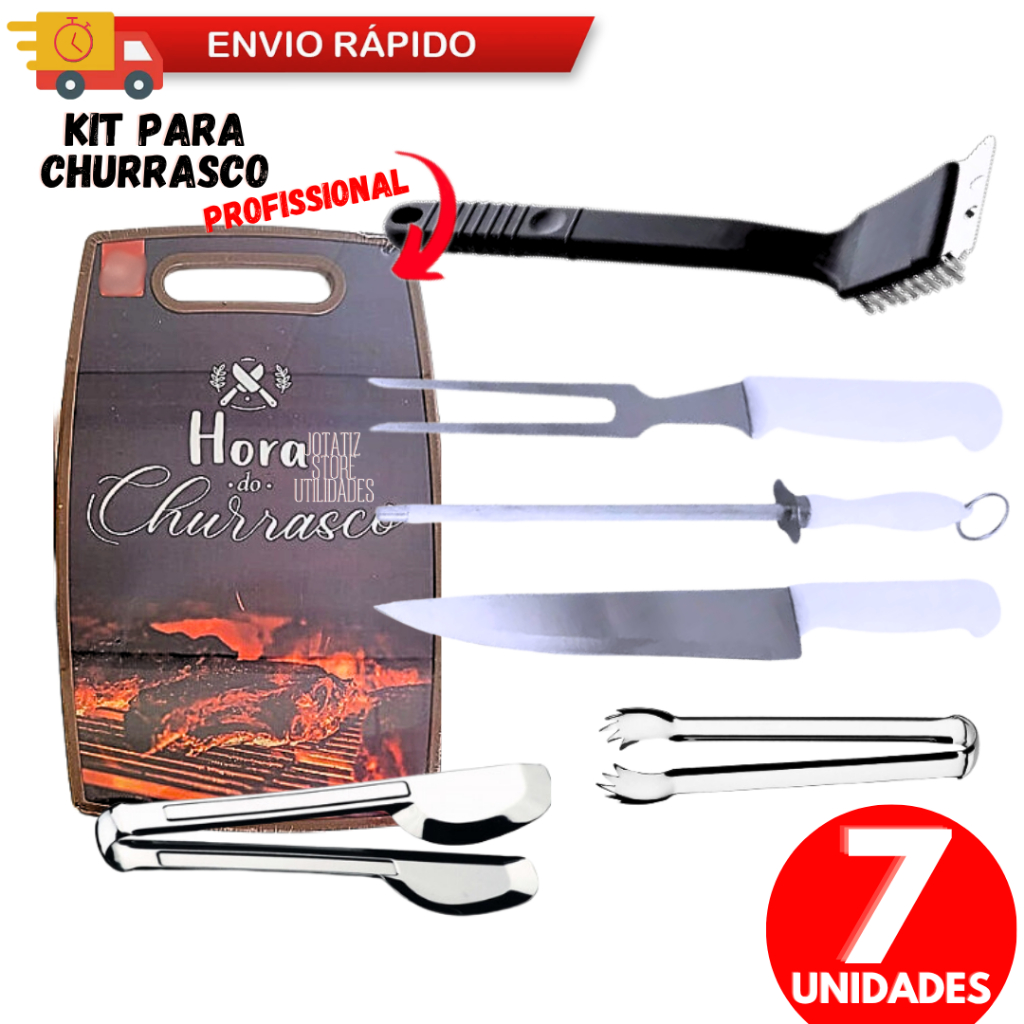Churrasco Profissional Completo Top1 Faca Garfo Amolador Pegadores Escova Limpa Grelha Tábua Presente Prenda