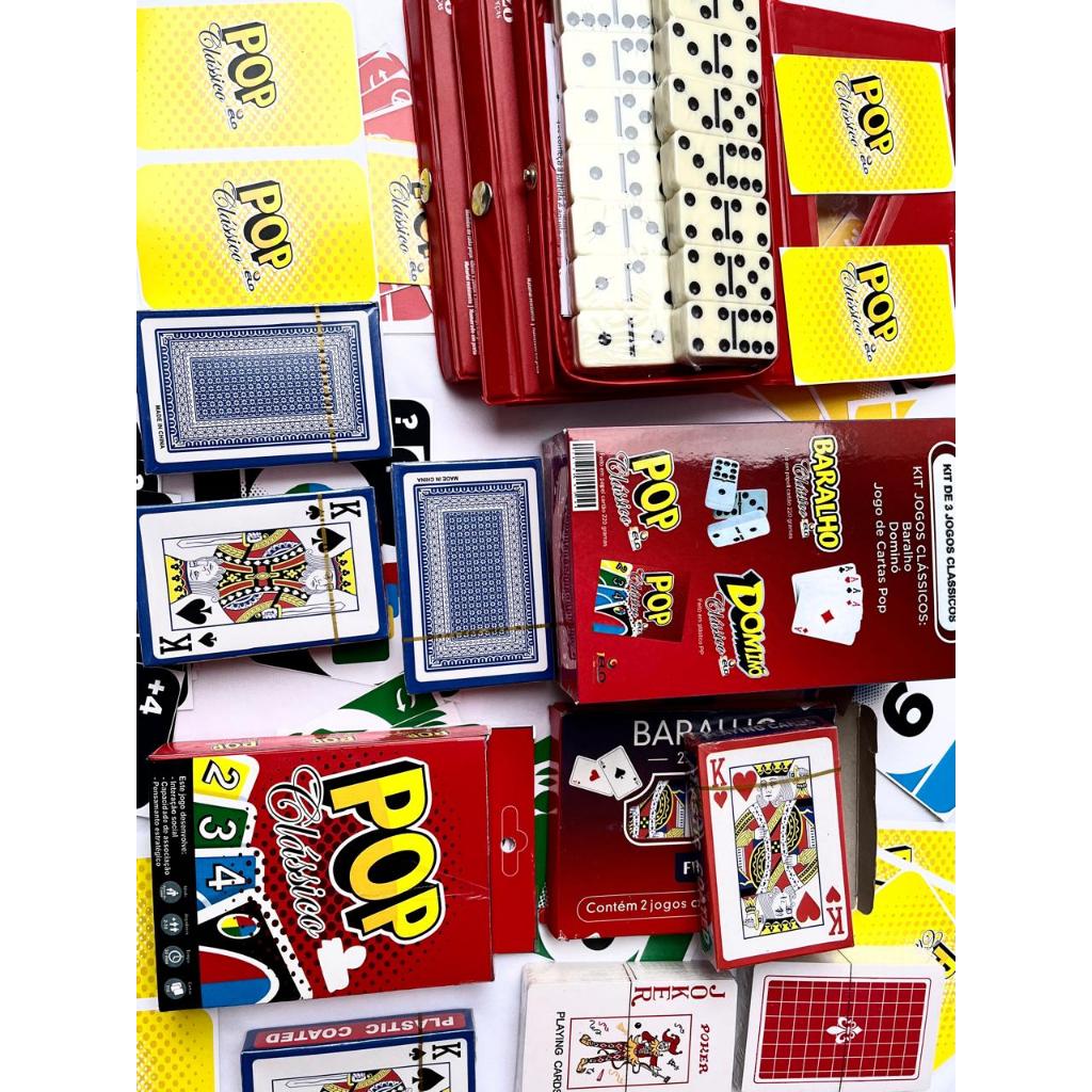 Kit de 3 Jogos Clássicos Baralho Clássico 1Elo, Daminó 1Elo e Pop Clássico 1Elo Jogos de Cartas Caixa exclusiva 1Elo