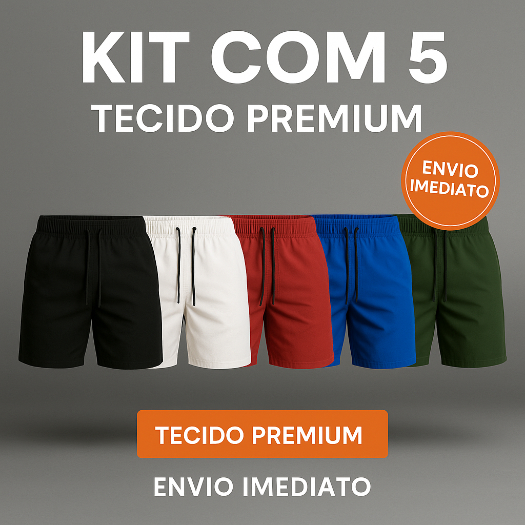 Kit Com 5 Short Liso Esportivo Bermuda Praia e Banho Bermuda Tactel Premium Praia Academia Corrida e Treino