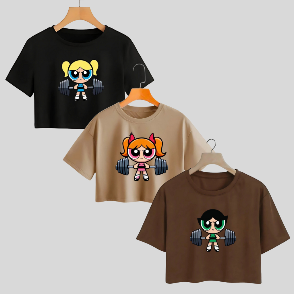 KIT COM 3 BLUSAS CROPPED ESTAMPADAS SUPER PODEROSAS LANÇAMENTO
