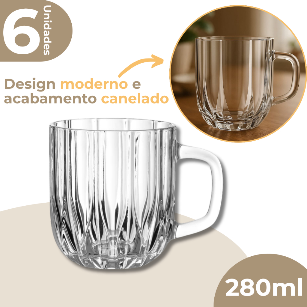 Jogo 6 Canecas Em Vidro Refinatto Café Chá 280ml Canelado - Home & Living