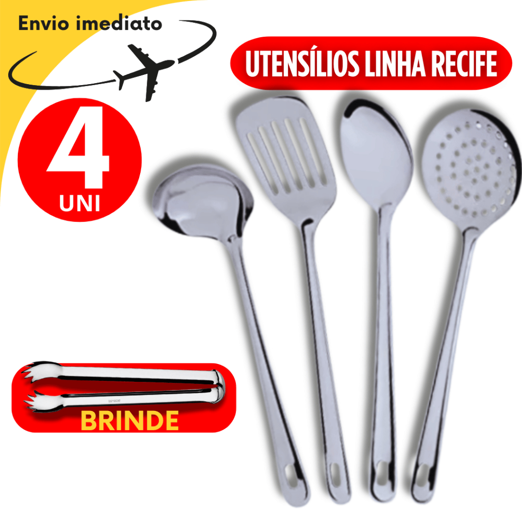 Jogo 4  Utensilio para Cozinha - Espatula Vazada  Escumadeira Colher de Arroz Concha Louça  Premium + Brinde Pegador