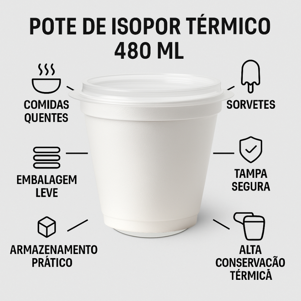 50 Pote EPS ( Isopor)  480 Ml Com Tampa Transparente, Vedação Segura e mantem a temperatura do alimento