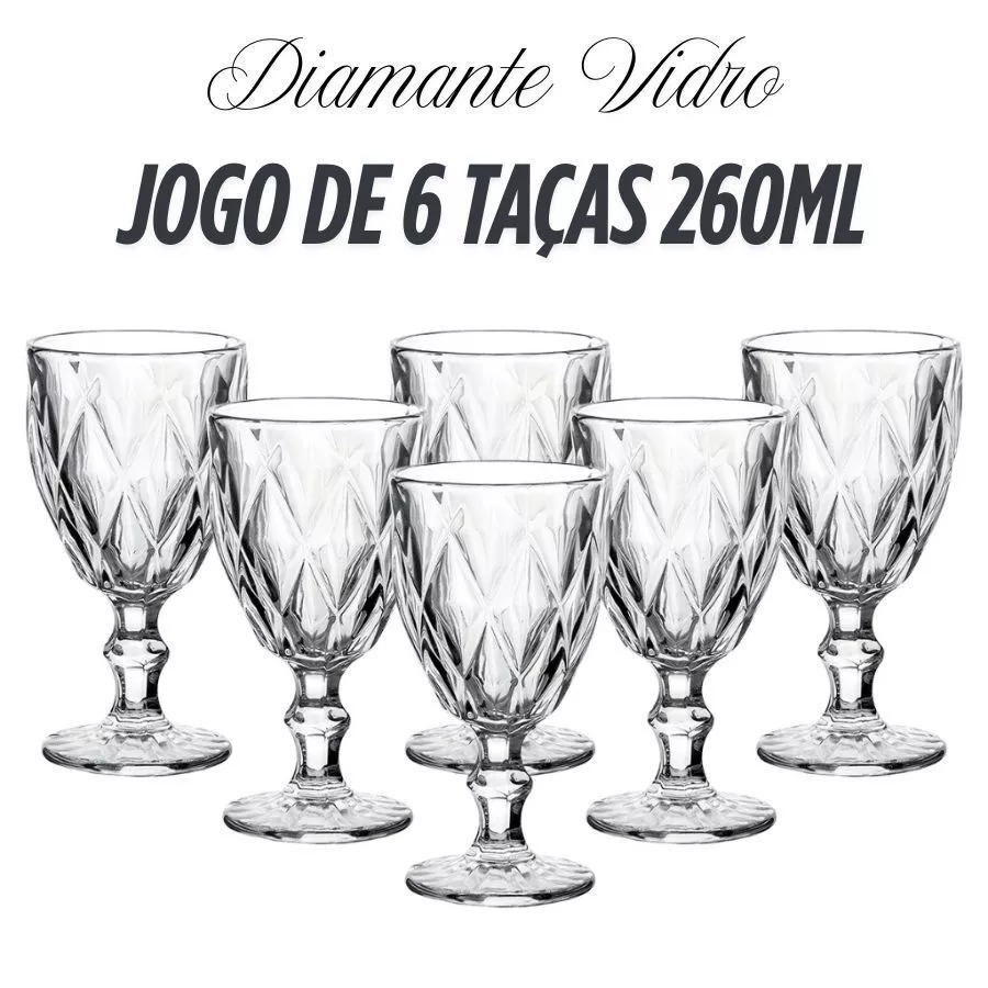 Jogo De 6 Taças Diamante 260ML Vidro Transparente 8,5x15,5Cm Para Água Suco Bebida Coquetel