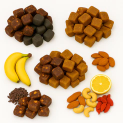 500g Cubinhos P&P Fit Doce Sem Açúcar Sem Lactose Tâmara, Castanha, Cacau, Coco, Amora, Cranberry,