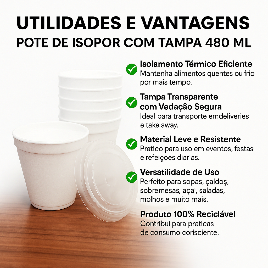 50 Pote EPS (Isopor) 480 Ml Com Tampa Transparente, Vedação Segura mantem a temperatura do alimento
