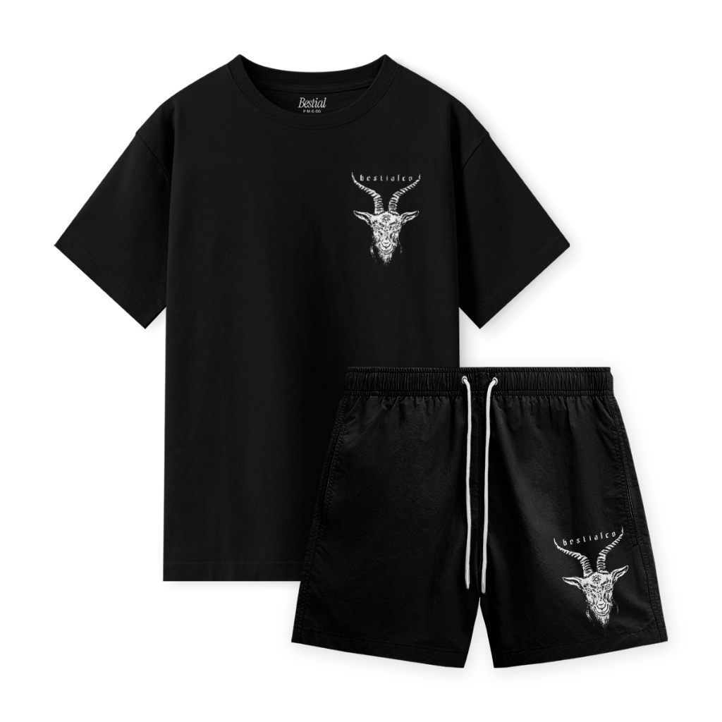 Camiseta Básica Kit Conjunto Bermuda Tactel Moda Praia Streetwear Baphomet Bestial Tamanhos e Cores Disponíveis