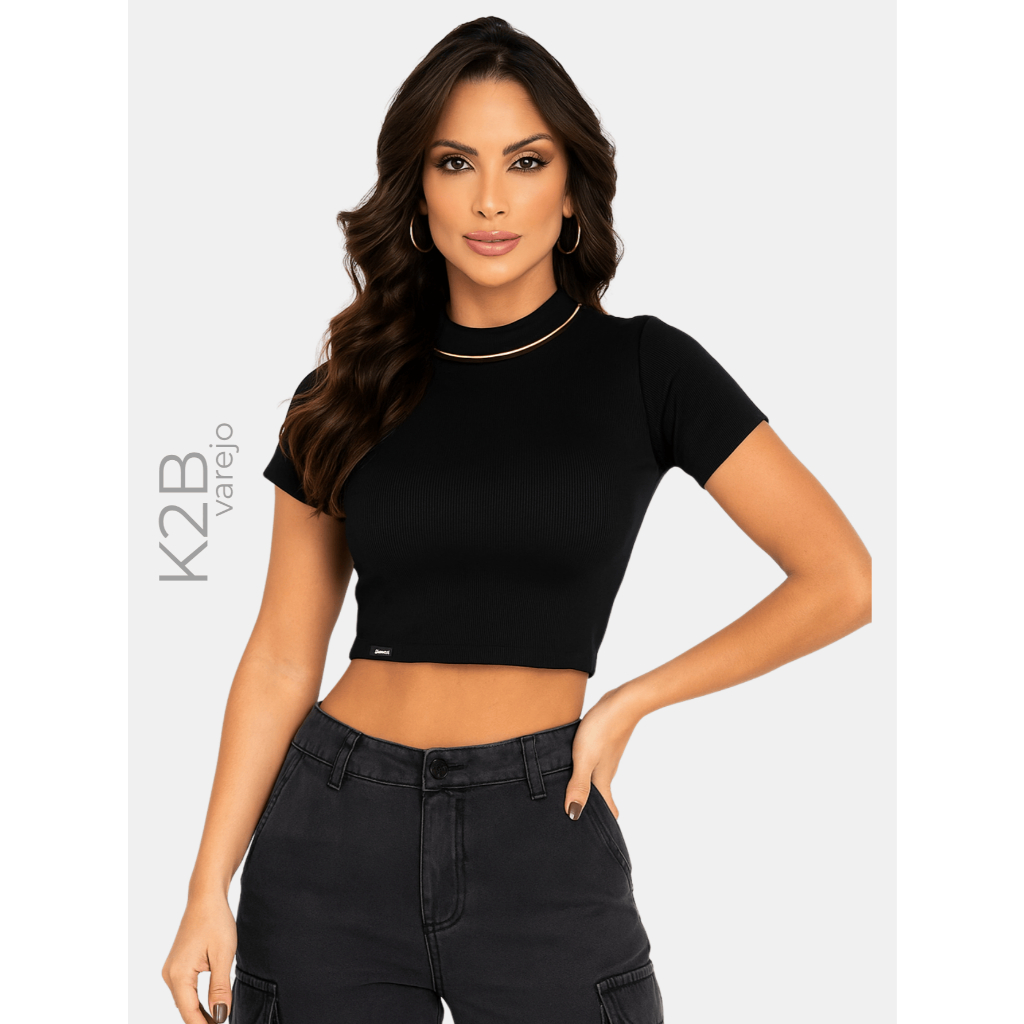 Cropped Feminino K2B Canelado Block com Gola e Manga Curta Lançamento Coleção Nova Cores da Estação
