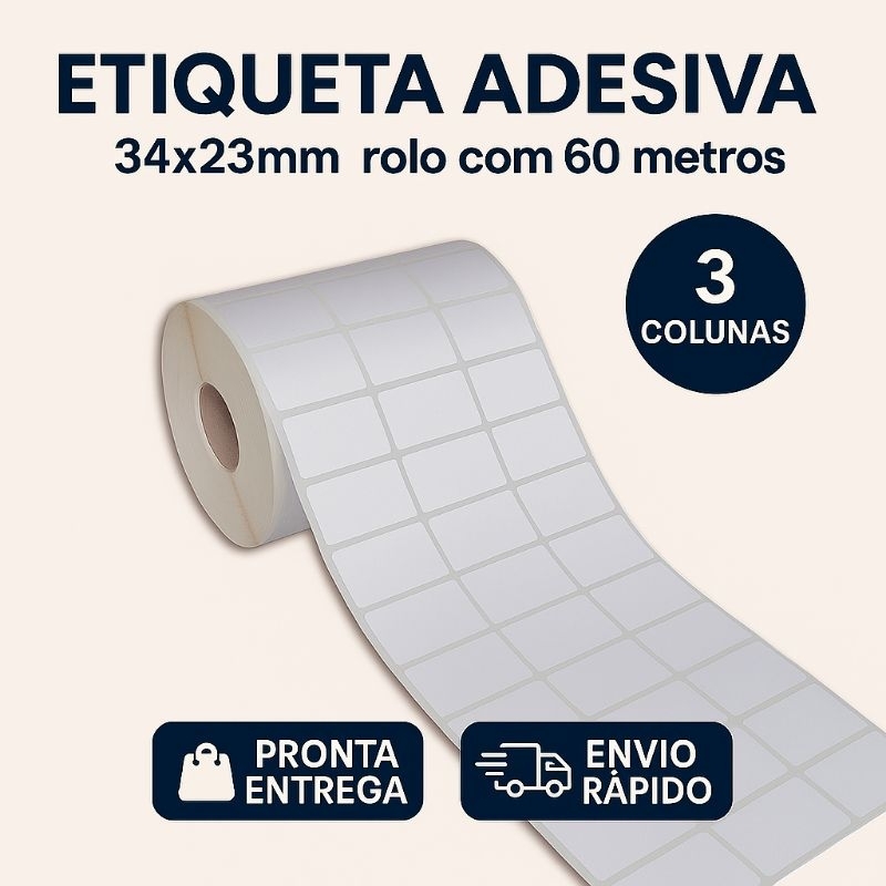 Etiqueta Adesiva Branca 34x23mm 3 Colunas - Rolo 60m - Térmica - Argox - Zebra - Elgin