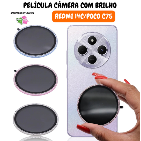 Película Protetora da Câmera Colorida Com Strass Brilho para Redmi 14C / Poco C75