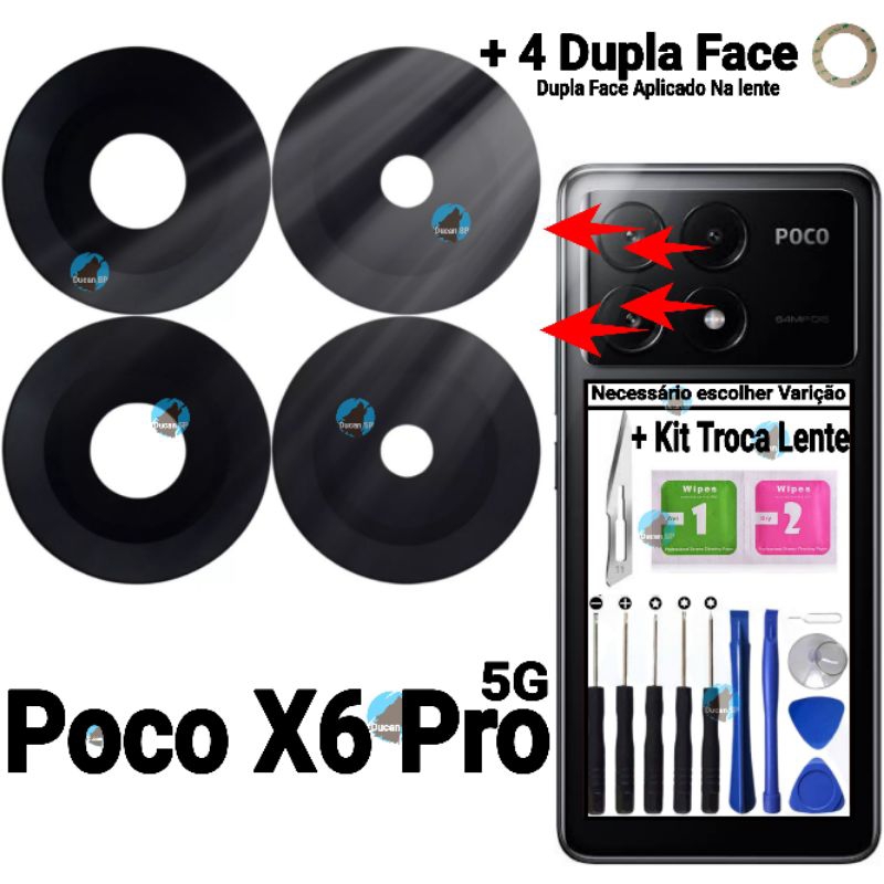 Lente da Câmera Para Poco X6 Pro 5g Kit 4 vidro da Câmera Traseira Vidrinho Traseiro Poco X6 pro 5g + Dupla Face