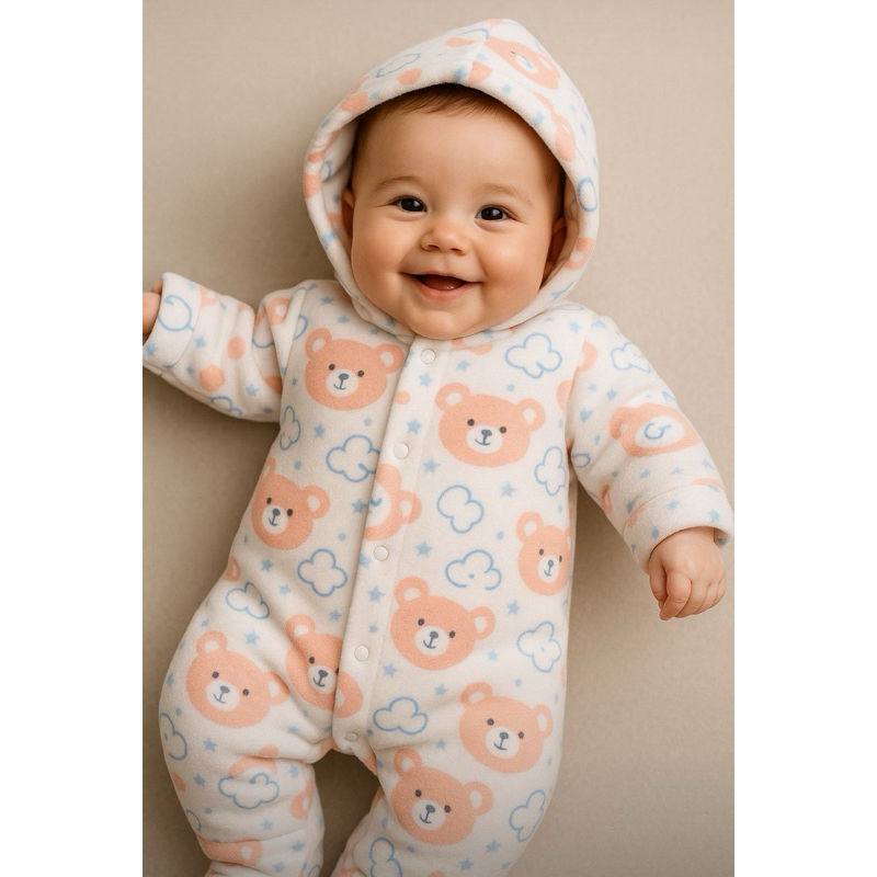 Macacão Soft  com Capuz e Botão Roupa de Menina Menino Roupa Bebê Infantil Inverno