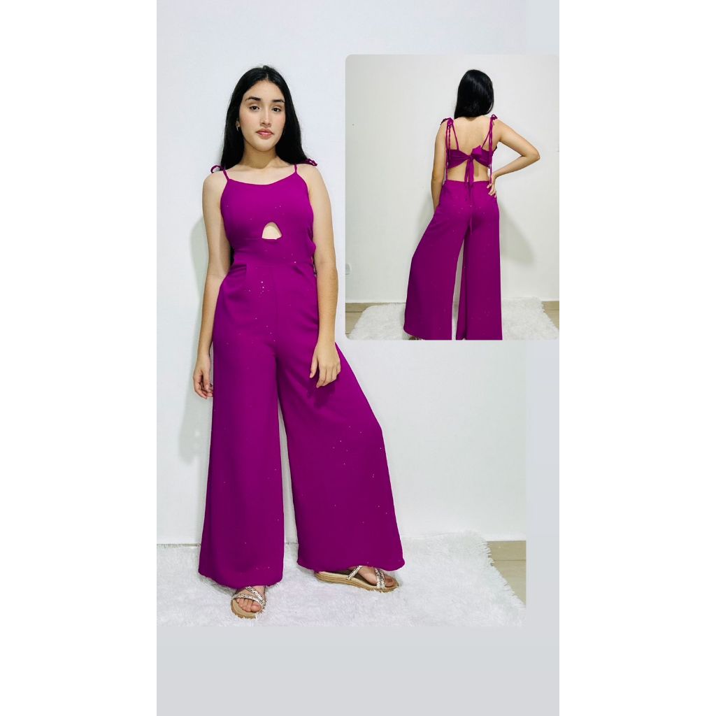 Macacão Longo Pantalona feminino Juvenil tecido Duna com Brilho