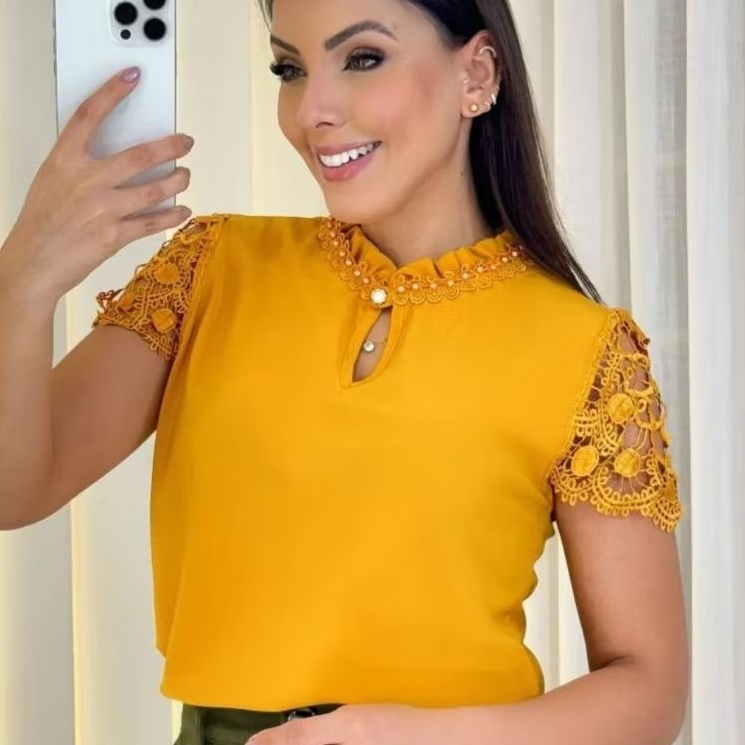 Blusa feminina 88 , blusa social manga curta elegante com renda bordada é aplicação de pérolas