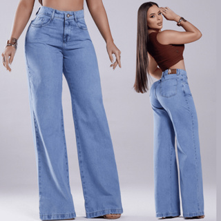 Calca Wide Leg Jeans Feminina Pantalona Cintura alta Empina Bumbum Plus Size em Oferta na Shopee
