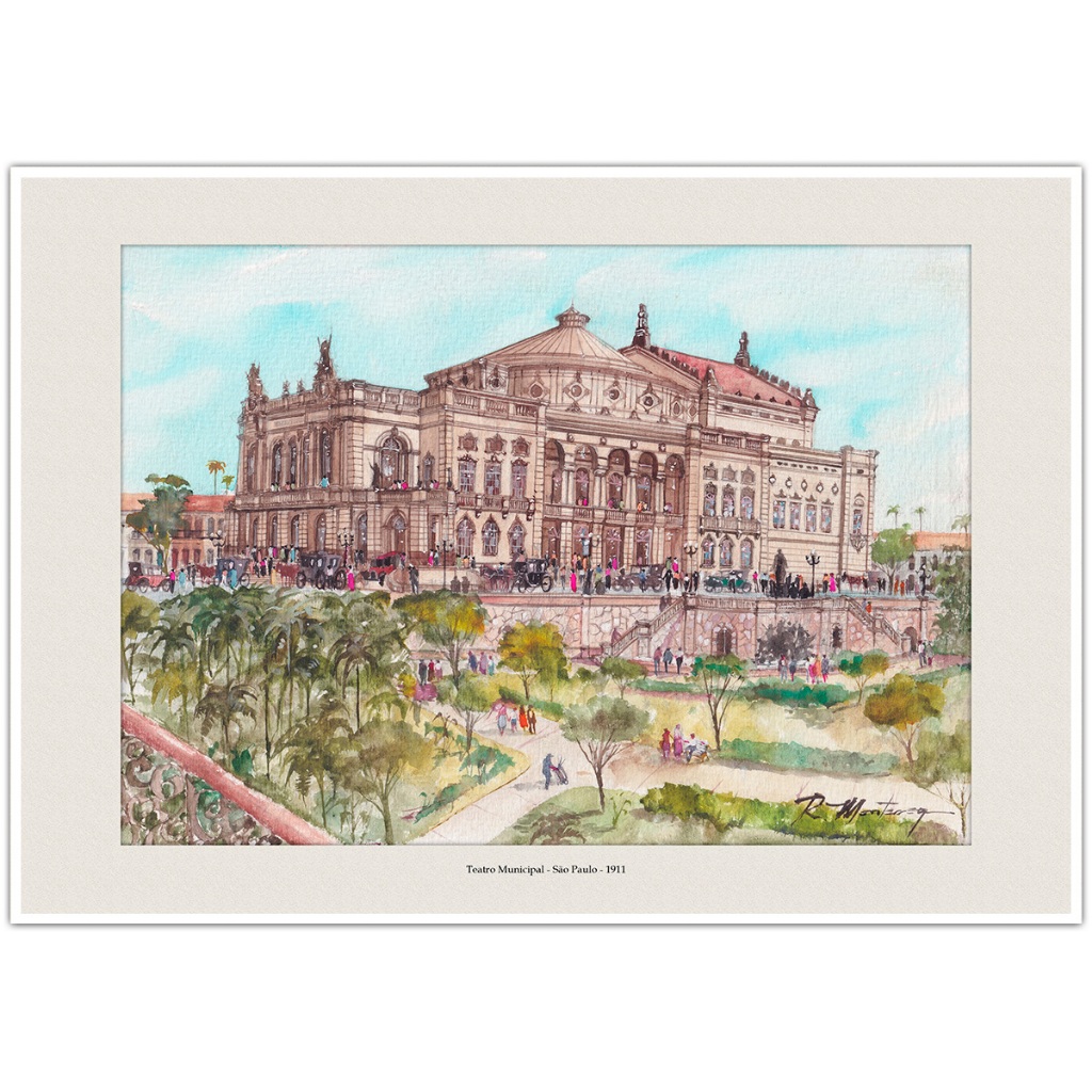 Teatro Municipal São Paulo 1911 | Arte Aquarela para Quadro Decorativo | Decoração Elegante | A4