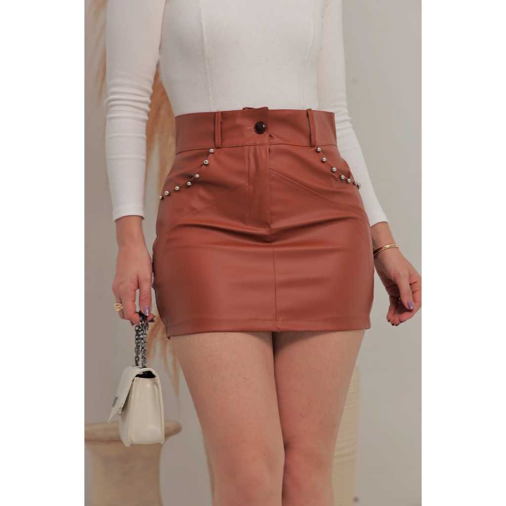 Saia Feminino Curta en Couro fake Cintura Alta com Bolso em Oferta na Shopee