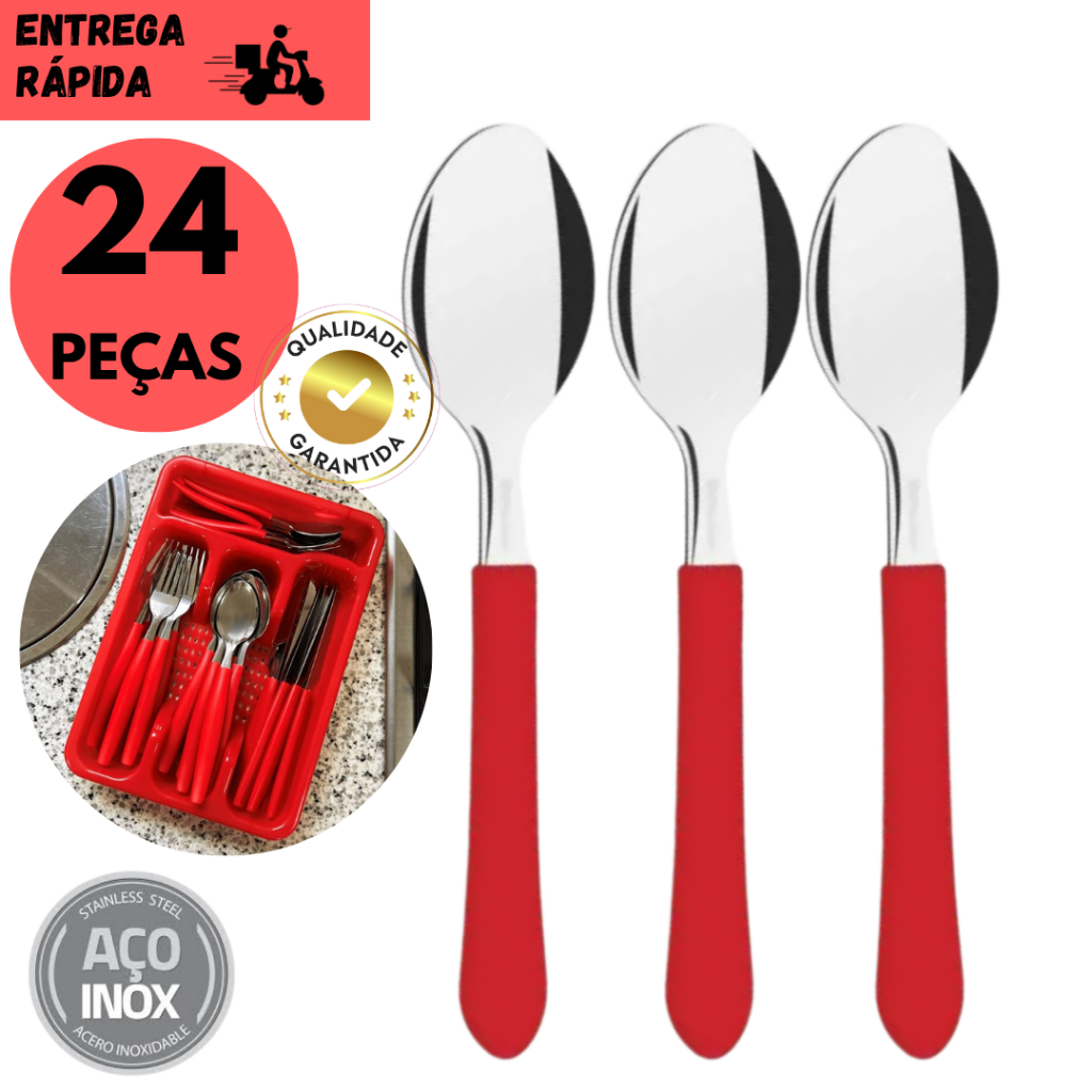 Kits 24 ou 12 Colheres De Inox Cabo Vermelho Talheres De Mesa Refeição Cozinha Durável uso Diário em Oferta na Shopee