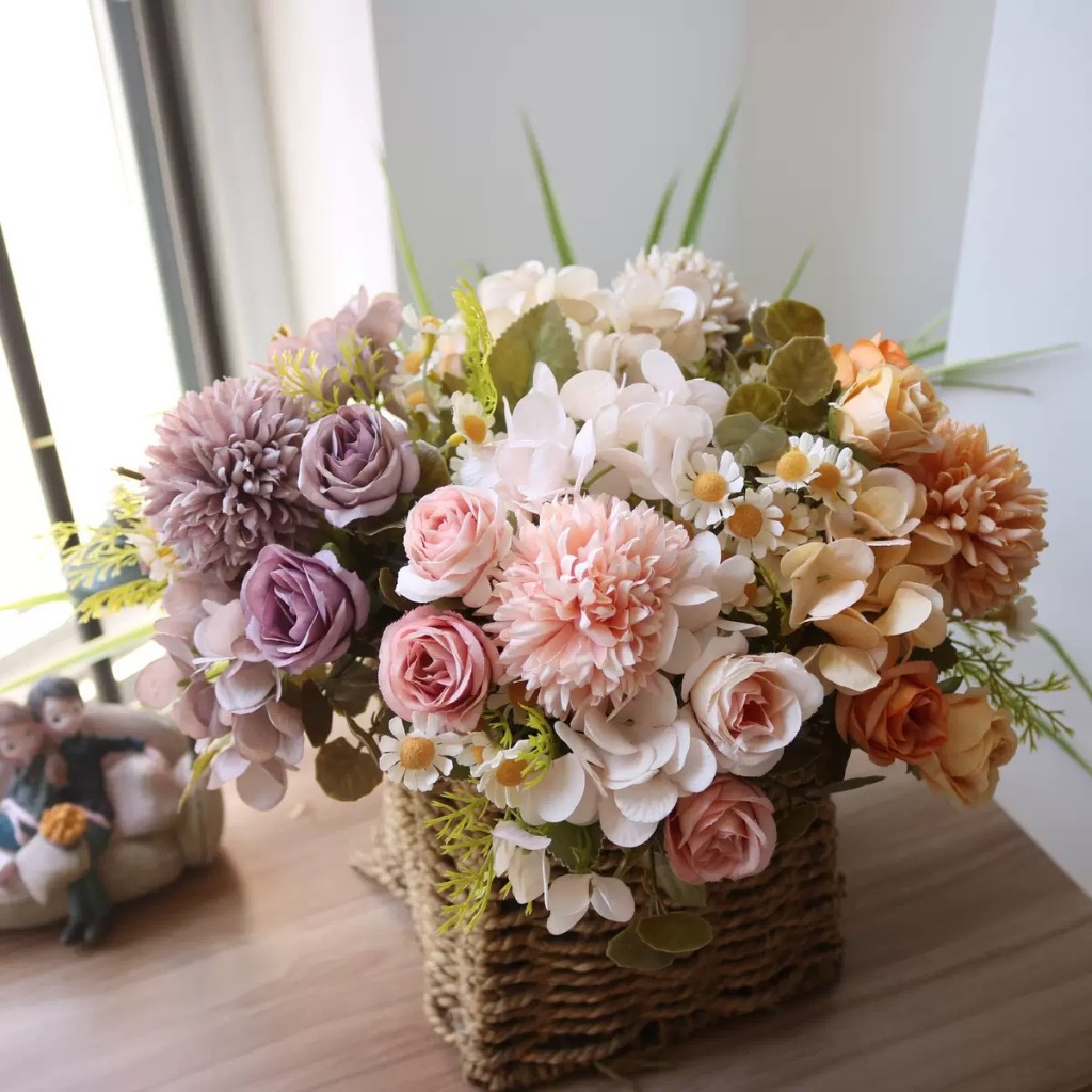 Buquê Misto Flor Artificial Crisântemo com Rosa e Crisântemo com Margarida, Buquê P/ Decoração Casamento, Arranjos, e ca