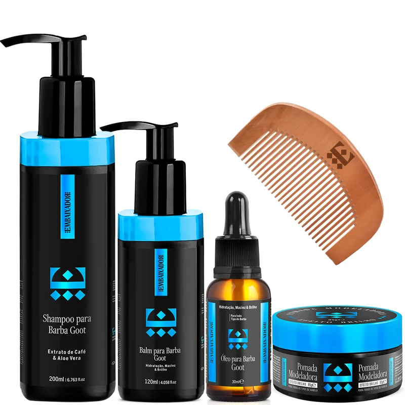 KIT BARBA E CABELO GOOT EMBAIXADOR - PENTE BARBA + SHAMPOO + BALM E ÓLEO BARBA + PASTA BRILHO