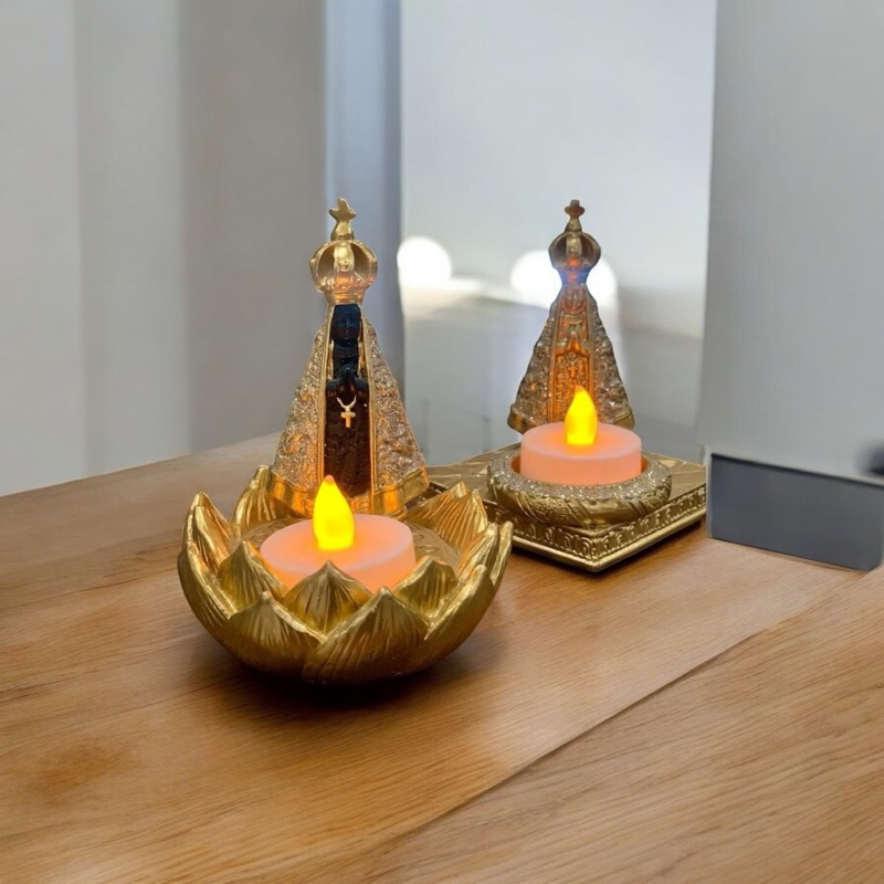 Castiçal Porta Vela Imagem Nossa Senhora Aparecida Resina Decoração Católica Fé Devoção