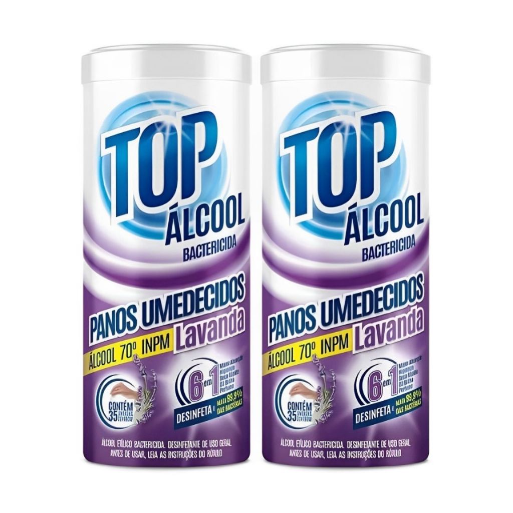 Panos Lenços Umedecidos Bactericida Álcool 70º Lavanda Top Land Kit com 2 Potes em Oferta na Shopee