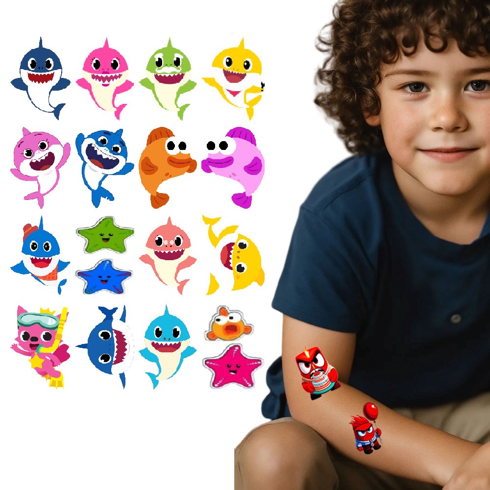 Tatuagens Adesivas Infantis – Baby Shark | Kit com 16 em Oferta na Shopee