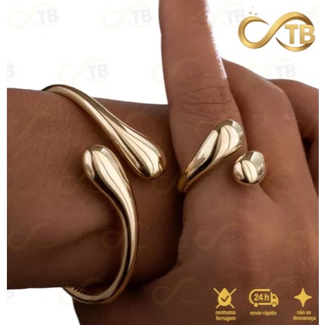 TB Conjunto Pulseira Anel Brincos de Metal Exagerada em Ouro com Design de Gota de Água – Acessório