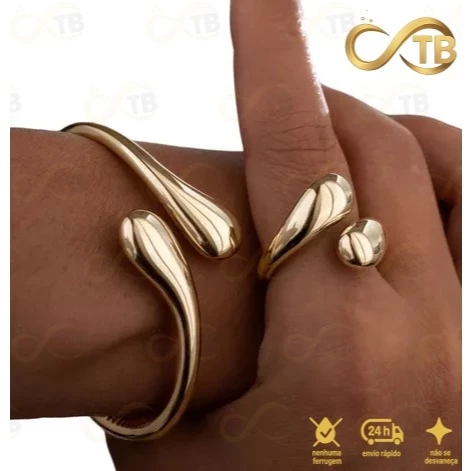 TB Conjunto Pulseira Anel Brincos de Metal Exagerada em Ouro com Design de Gota de Água – Acessório