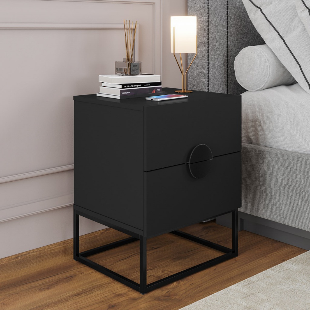 Mesa de Cabeceira Steel Luxo com 2 Gavetas Puxador Lua Base de Aço Estilo Industrial - LH ...