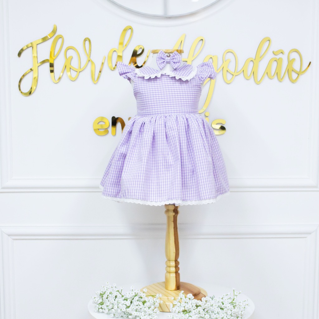 Vestido Bebê Lilás Menina com Laço Renda Gola Babado Algodão Xadrez Sem Mangas