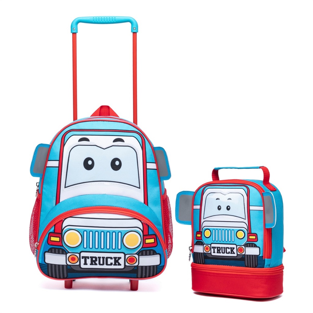 Kit Mochila Rodinha Infantil Lancheira Caminhão Menino Creche Escola Passeios