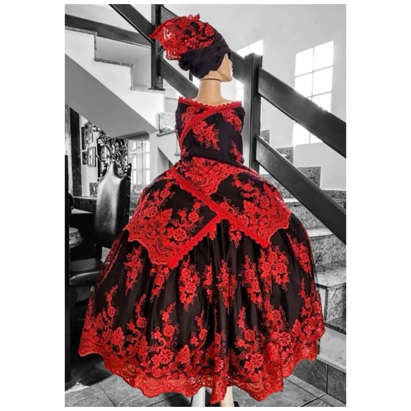 VESTIDO - POMBOGIRA LUXO PRETO COM VERMELHO - ROUPA POMBOGIRA LAROYE PARA UMBANDA E CANDOMBLÉ