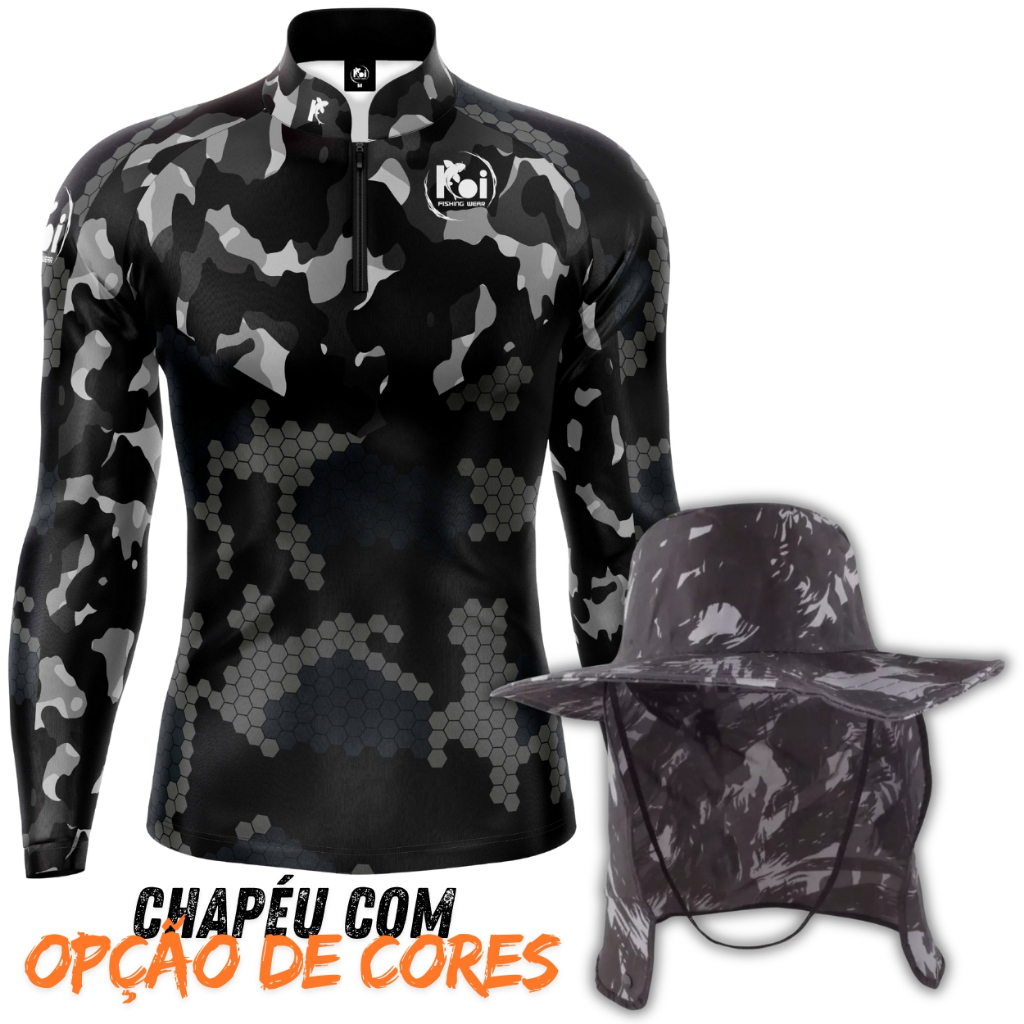 Kit Camiseta Blusa Camisa + Chapéu Camisa Blusa Camuflada Militar Pesca Agro Esportes Com Zíper Proteção Uv50+