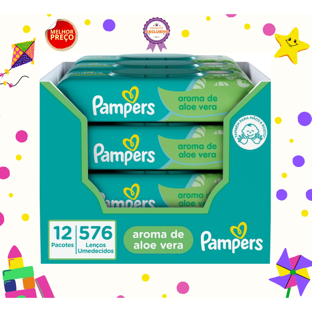 ?? Pampers Lenços Umedecidos Cuidado do Bebê 576 Unidades – Limpeza Suave, Hipoalergênica e Sem Álcool