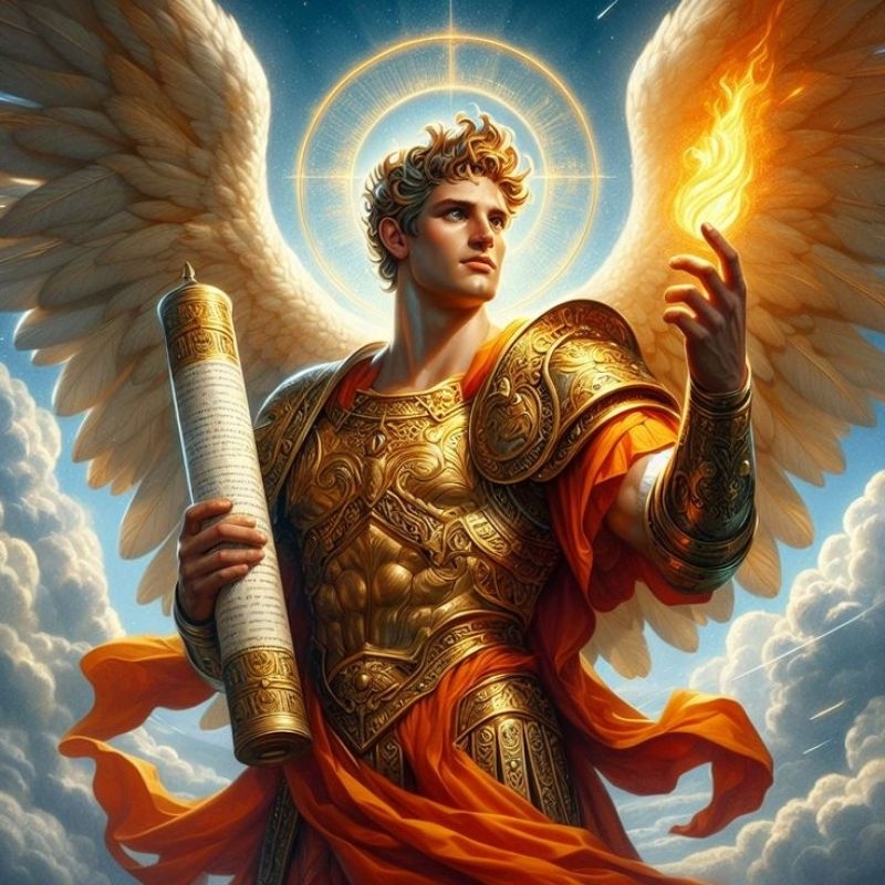 QUADRO DECORATIVO PLACA MDF-ARCANJO URIEL COM SUA ASAS BRANCA ABERTA E COM SEU FOGO NA MÃO
