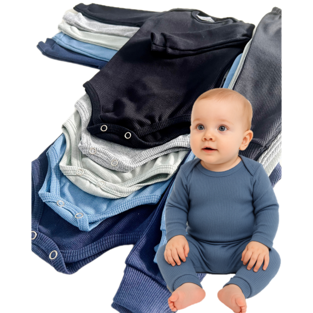 Kit 6 peças Bebê Pagão Body com Mijão Ribana Canelada Longo RN ao GG Menino
