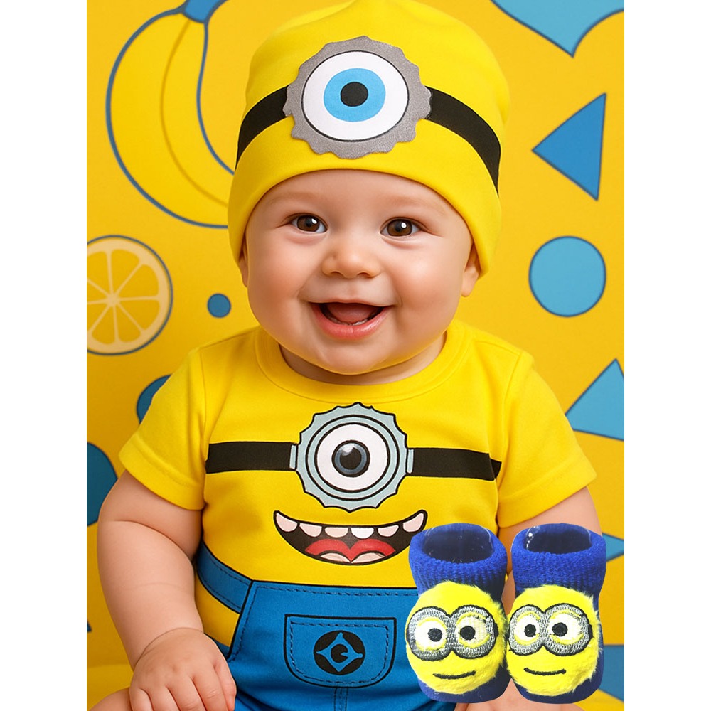 Body Temático Mesversário Fantasia Bebê Gêmeos Menino Menina Minion + Máscara + Meia temática