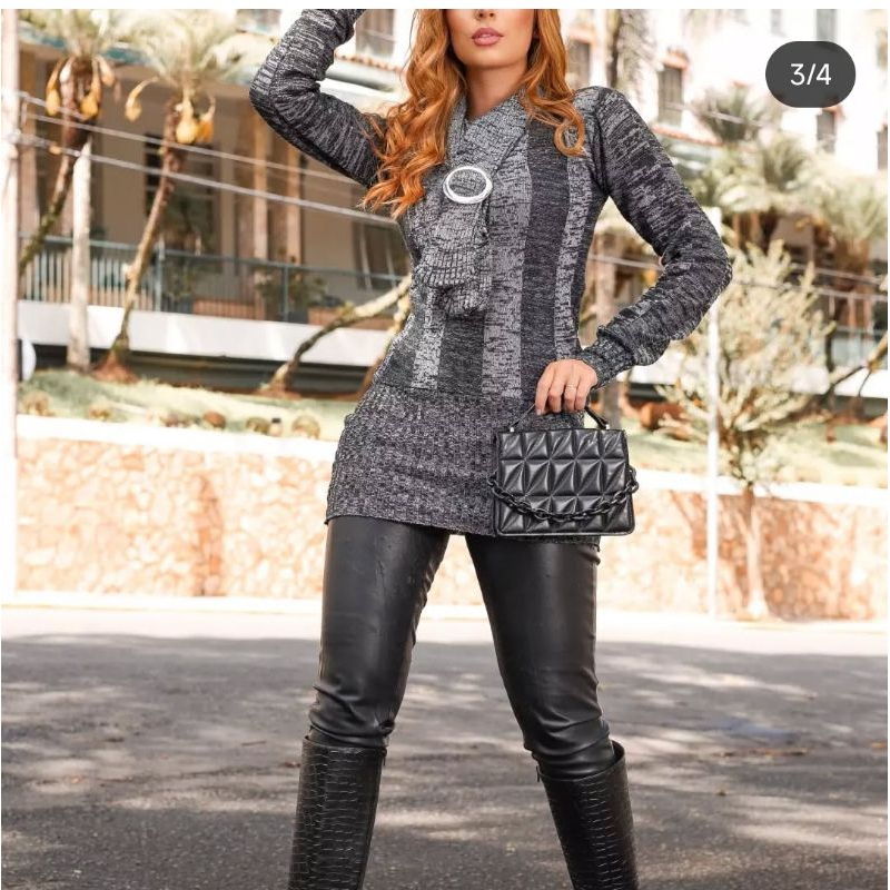 🧥 Blusa de Tricô Feminina com Gola de Cachecol e Detalhe Moderno 🖤 em Oferta na Shopee