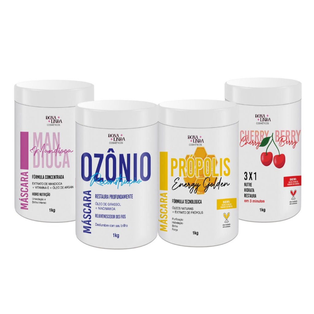 Kit 4 Super Máscaras Dona Linda: Reconstrução Mandioca, Ozônio e Própolis | 1kg Cada