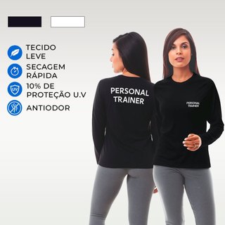 Camiseta feminina manga longa personal trainer básica corrida academia toque gelado dry fit